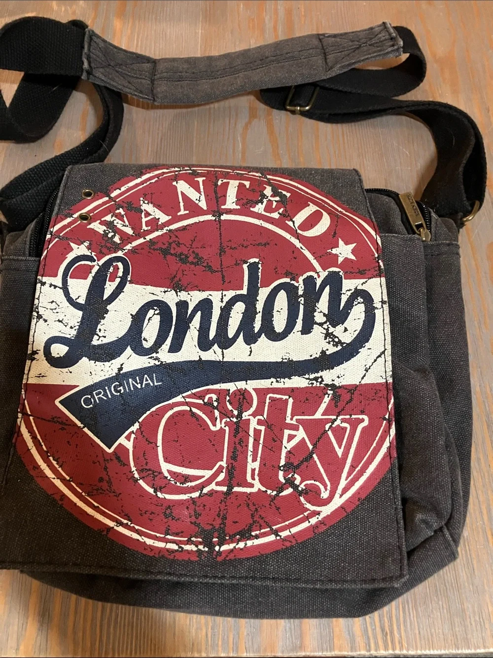 Robin Ruth Black Canvas Crossbody with Red and White London Graphic